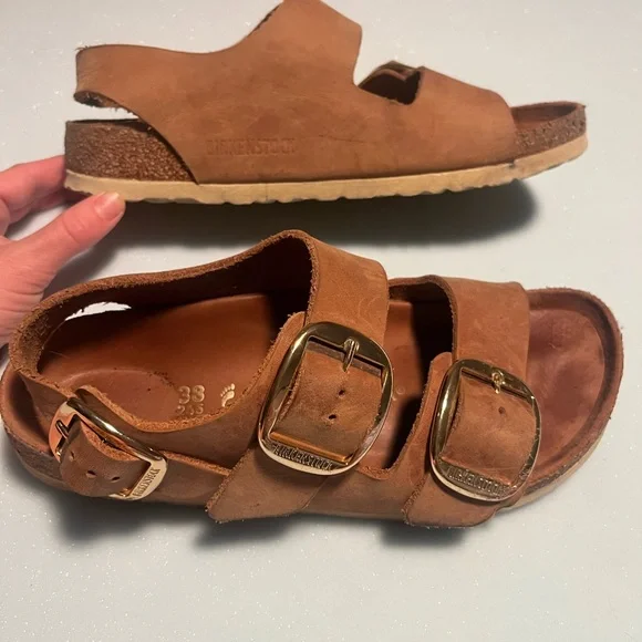 Birkenstock Milano Big Buckle Sandals in Nubuck/Gold - Picture 5 of 10